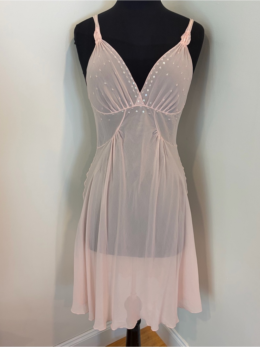 Vintage 100% Silk Light Pink Sequin Slip Dress Fairycore Romantic Small